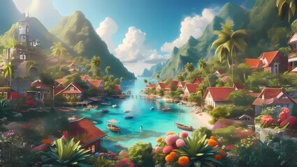 Seaside Paradise Village with Blooming Flowers and Tranquil Bay || AI Generated

