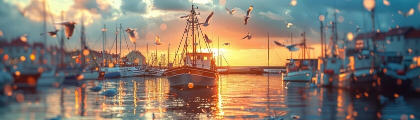 Fototapeta premium Vibrant harbor scene with docked boats, seagulls, and a sunset sky, tilt-shift blur effect, focus on details, dynamic, manipulation, harbor backdrop