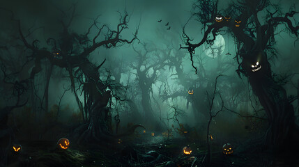 Halloween dark eerie forest tress misty fog full moon moonlight ghost pumpkins creatures mysterious spooky celebration festival holiday ghost Haunted  decoration mystic