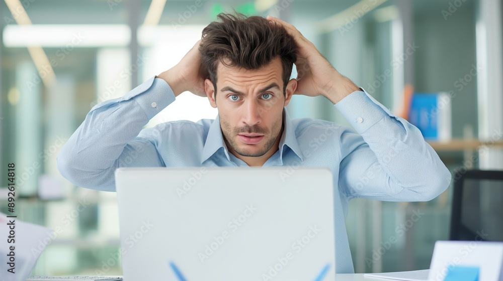 Poster a man with messy hair is sitting at a desk with a laptop in front of him. he is in a state of panic 