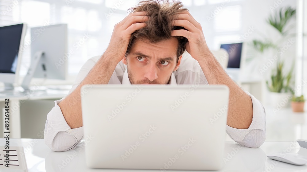 Poster a man is sitting at a desk with a laptop in front of him. he is looking at the screen with a worried