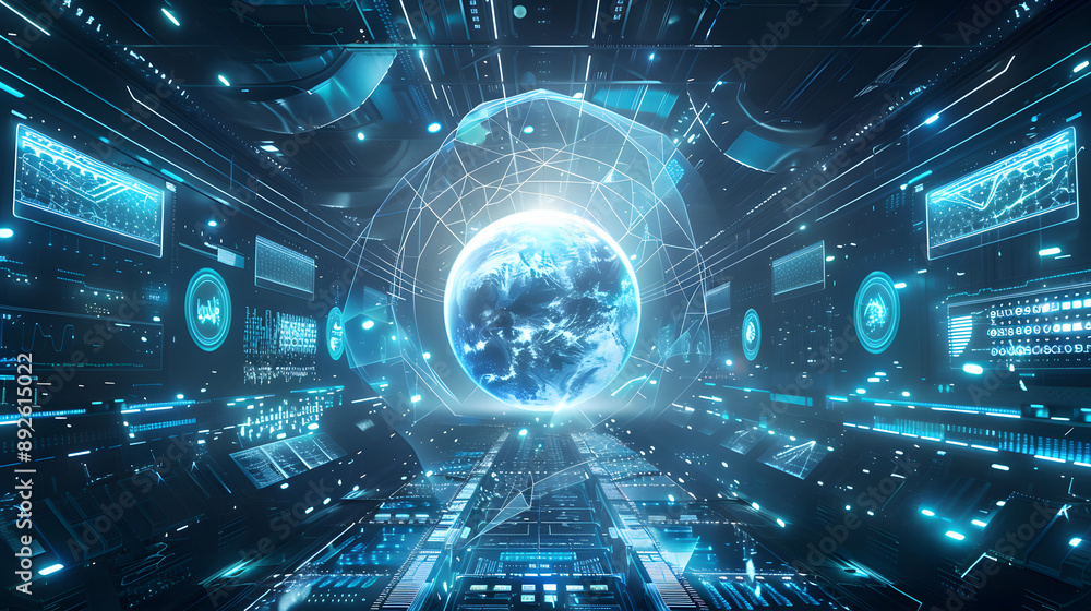 Wall mural futuristic digital planet earth space global map technology starry cosmic atmosphere data neural net