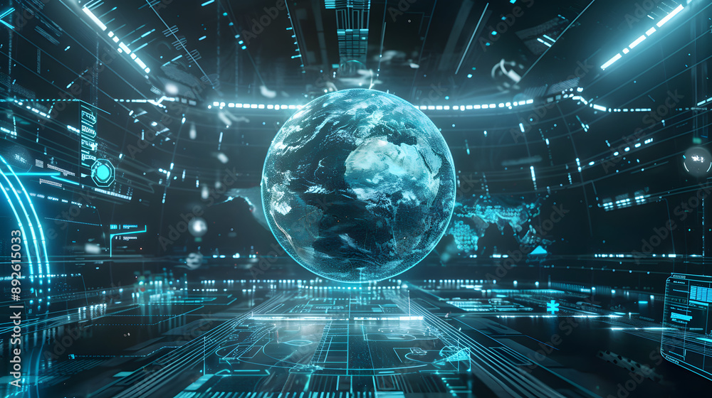Wall mural futuristic digital planet earth space global map technology starry cosmic atmosphere data neural net