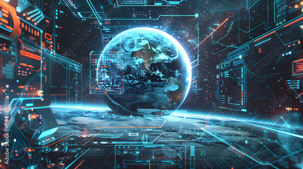 Wall mural futuristic digital planet earth space global map technology starry cosmic atmosphere data neural net