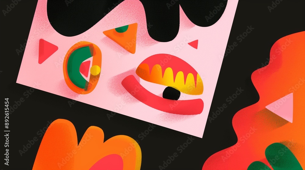Poster vibrant abstract shapes and patterns form an artistic composition featuring stylized eyes and lips, 