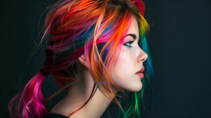 Naklejka premium A young woman with vibrant colored hair, experimenting with bold hair dye