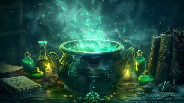Halloween witch wizard enchanting poison mysterious green potion spell books dark misty background magic mystical mystery festival holiday backdrop celebration image 