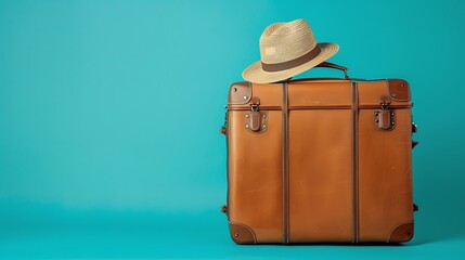 Suitcase and hat on a blue background