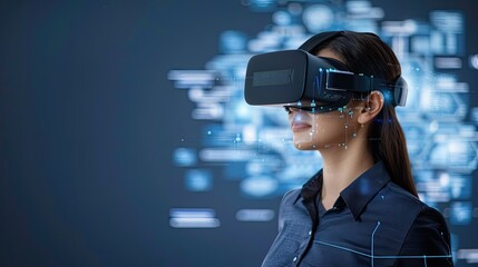 A woman wearing a virtual reality headset interacts with a digital network, reaching out with her right hand to touch a glowing orb.