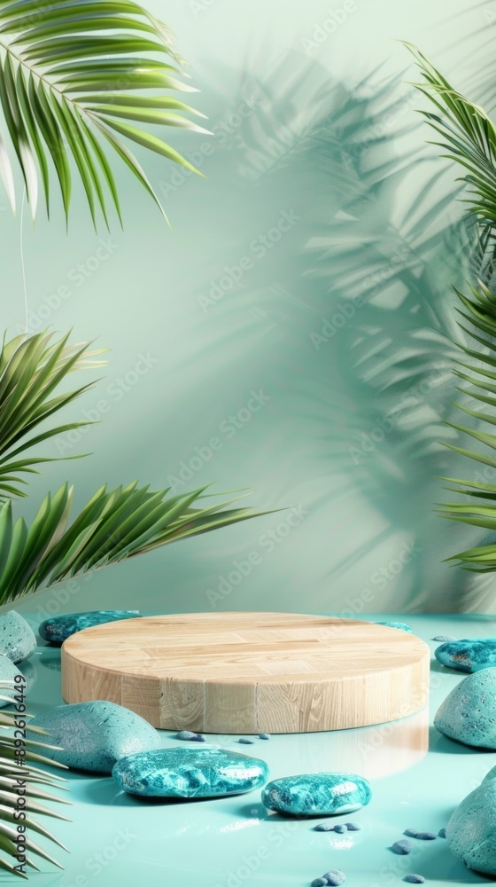 Poster a model of a tropical scene with a large stone pedestal and palm trees