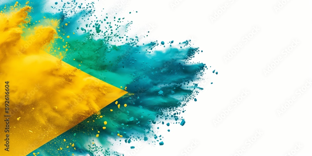 Poster a colorful explosion of yellow and blue with a yellow triangle in the middle. the explosion is on a 