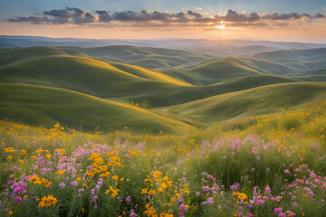 Sunset Over Rolling Hills with Wildflowers, Golden sunset casting warm light over rolling green hills and a field of colorful wildflowers