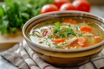 Bowl of nutritious chicken vegetable soup garnished with fresh parsley on a kitchen table