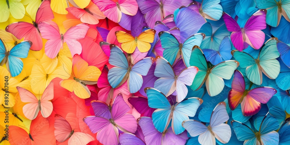 Poster a colorful butterfly display with many different colors and sizes. the butterflies are arranged in a