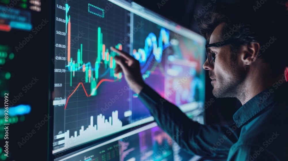 Poster an analyst pointing at a line graph on a computer screen during a presentation, explaining data tren