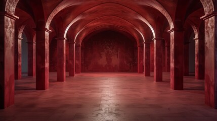 Obraz premium An empty, red-lit room with arched ceilings and columns, creating a dramatic and mysterious atmosphere.