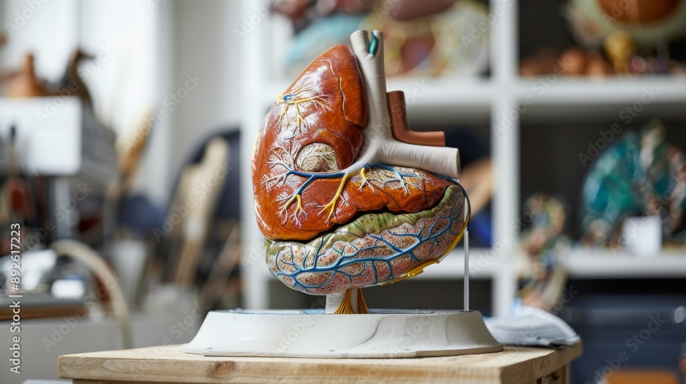 Poster an anatomical model of the human liver, illustrating its position and structure