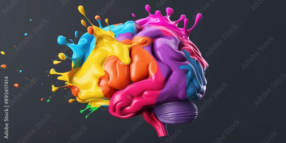 Poster a colorful brain with a splash of paint on it. the brain is surrounded by a splash of paint, which g