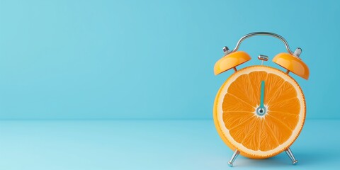 A clock with an orange face and hands showing the time of 10:00. The clock is placed on a blue background