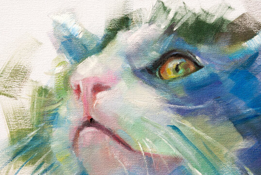 Dipinto a olio artistico con prospettiva dal basso del muso di un gatto con naso rosa e grandi occhi dorati sfumato nei toni del blu e del verde