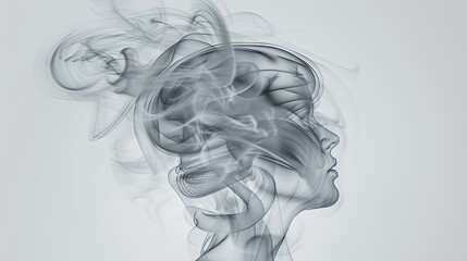Fototapeta premium A digital illustration depicts a stylized female face wrapped in flowing white fabric against a dark green background. The fabric appears translucent, allowing the contours of the face to be visible