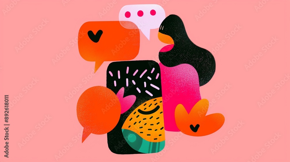 Poster stylized illustration of social interaction and messaging with a smartphone and speech bubbles, feat
