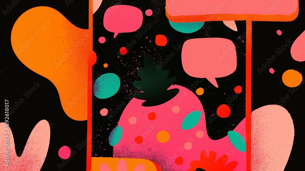 Poster illustration of social interaction and messaging with a smartphone and speech bubbles. abstract shap