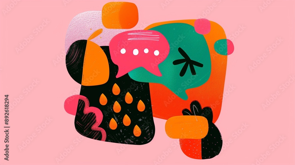 Poster modern social interaction concept with a smartphone and speech bubbles, featuring abstract shapes an