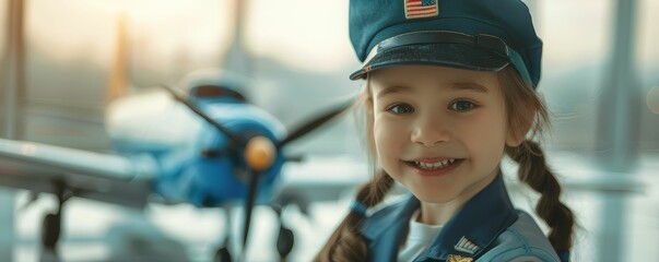Fototapeta premium A young girl dressed as a flight attendant, with a uniform and toy airplane, friendly and professional, realistic, soft lighting, high detail