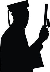 A Graduate man posing with cap and diploma. silhouette vector design. isolated on transparent background.