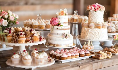 Naklejka premium Wedding Cake and Cupcakes Dessert Table
