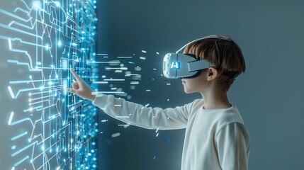 A young boy wearing a virtual reality headset interacts with a digital interface, pointing his finger towards a glowing network of lines and dots