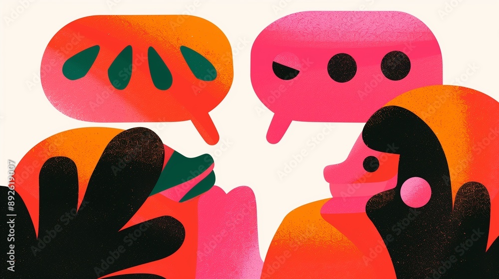 Poster abstract illustration of colorful speech bubbles representing social interaction and messaging, conv