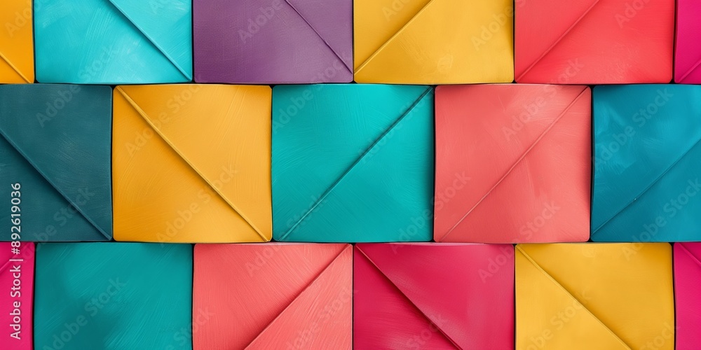 Poster a colorful paper with a pattern of squares and triangles. the squares are in different colors and th