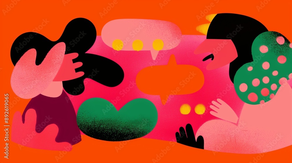 Poster abstract illustration of colorful speech bubbles representing social interaction and messaging.