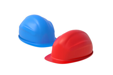 Two safety helmets isolated on white background. Plastic hard hat. Equipment for construction industry. 3d render