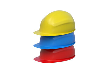 Stack of safety helmets isolated on white background. Plastic hard hat. Equipment for construction industry. 3d render
