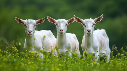 Obraz premium three white goats standing among green grass on a warm spring day