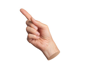 Finger pointing gesture. Index finger, pointer indicating, choose. Hand sign, isolated on white...