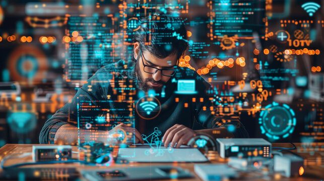 a programmer engrossed in crafting code for IoT devices, surrounded by interfaces showing JavaScript and virtual circuits. The background is a blur of digital data, symbolizing the