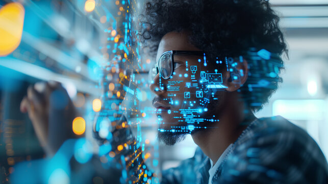 featuring a tech developer programming with JavaScript specifically for IoT projects, with digital representations of circuitry and IoT connectivity. This visual is tailored for th