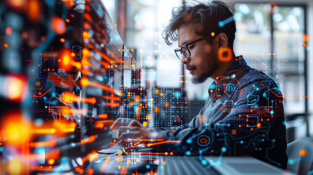 featuring a tech developer programming with JavaScript specifically for IoT projects, with digital representations of circuitry and IoT connectivity. This visual is tailored for th
