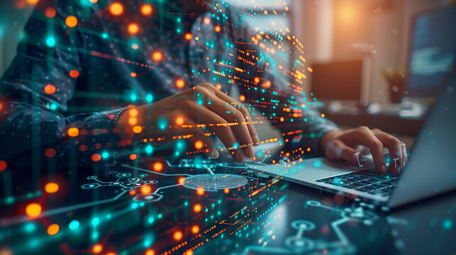an image of a software developer at work, with a focus on JavaScript coding for IoT devices, enhanced by visual elements of interconnected digital networks and circuit schematics.