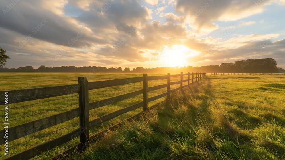 Poster a fence in a field with a sun shining through it. the sun is setting and the sky is cloudy