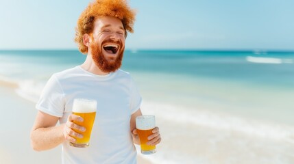 A man with a beard is holding two glasses of beer on a beach. He is smiling and he is enjoying himself