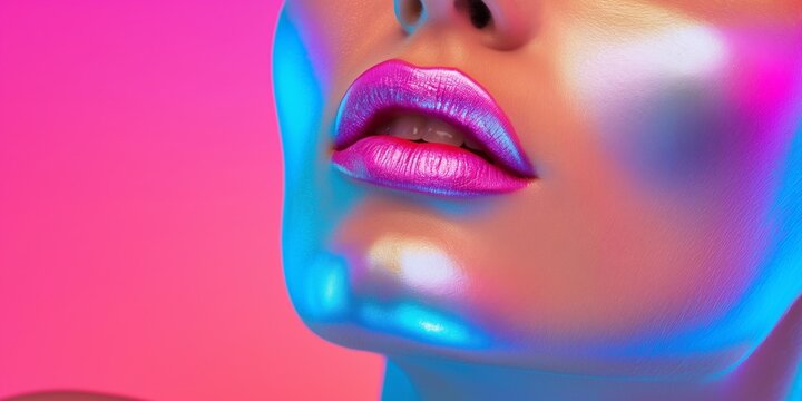 A woman with pink and purple lipstick is shown in a colorful, neon background. Concept of fun and playfulness, as the bright colors and glittery makeup make the woman stand out - Powered by Adobe