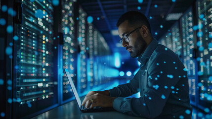 Computer engineer working on laptop computer with server room data center
