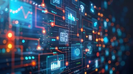 Abstract image of business marketing strategies and tactics represented by digital icons and data flows