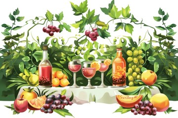 A serene outdoor setting featuring traditional Rosh Hashanah symbols, surrounded by lush greenery and vibrant flowers. The illustration exudes warmth and joy, perfect for the Jewish New Year.