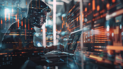 Data scientist Programmer using laptop analyzing financial data on futuristic virtual interface. Algorithm. Global business development
